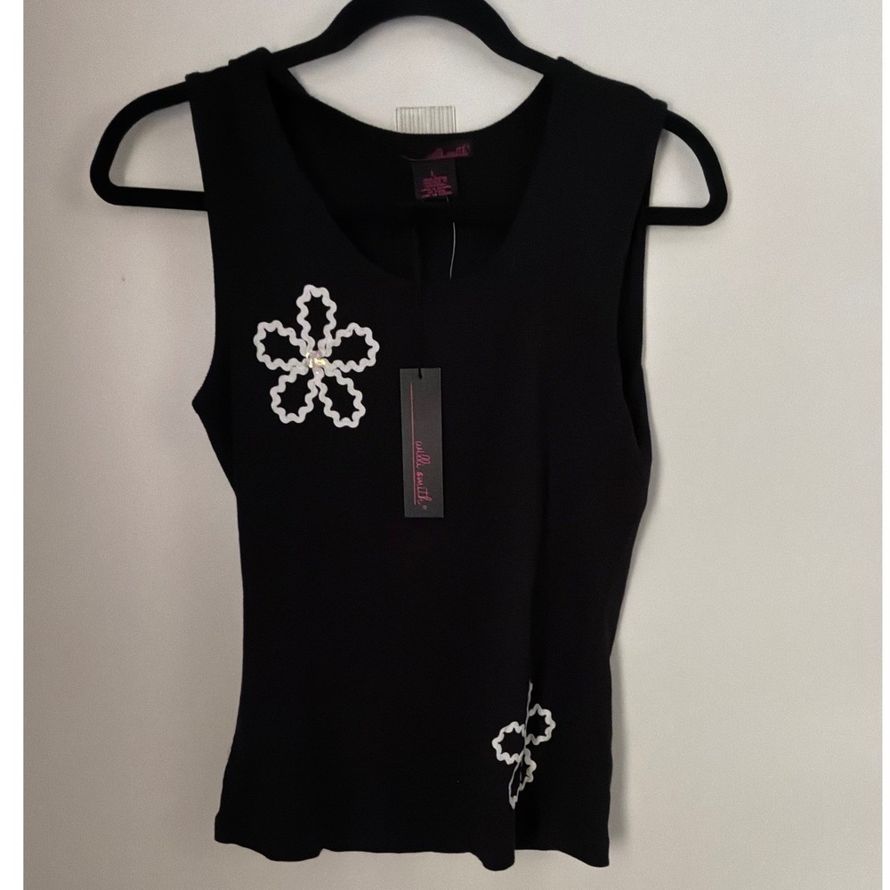 Willi Smith Large Black Ribbed Cotton Tank Floral Applique Y2K Top NWT